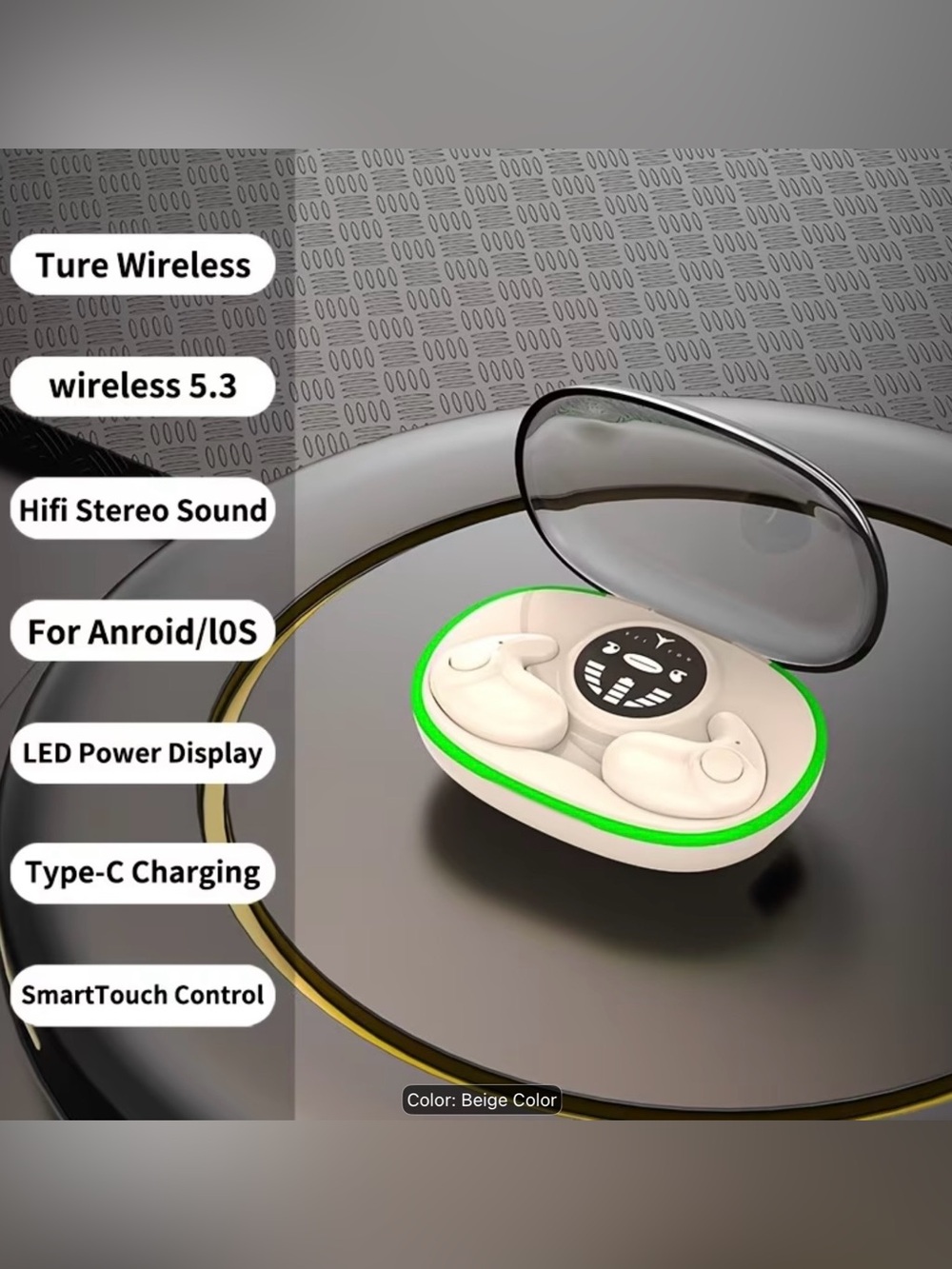 Beige Wireless True Wireless Earbuds with LED Charging Case